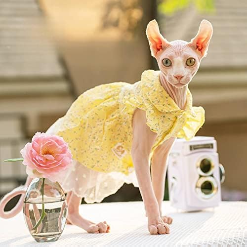 Летни дрехи за котки Sphynx, Удобна рокля с Дантелено принтом, ризи с флорални принтом копчета, Лека Дишаща облекло за котки в затворени помещения (XXL (12-15,4 кг), Жълто Дан