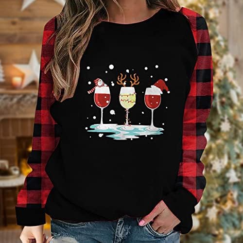 Жена Пуловер в стил Мозайка с Дълъг ръкав, Леки Блузи с Кръгло деколте и Принтом под формата на Чаши Червено Вино, Ежедневни Блузи Raglan