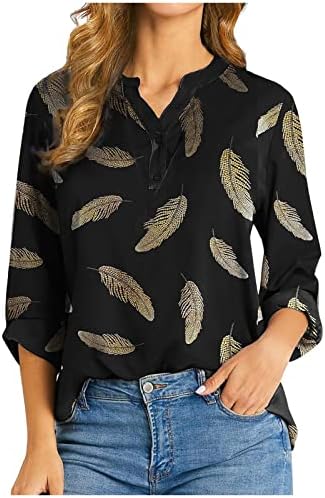 Дамски Модни Блузи с дълъг ръкав, Реколта Ежедневни тениски с V-образно деколте и копчета, с принтом, Елегантни Свободни и Удобни Блузи Хенли