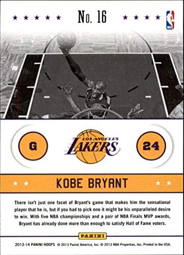 Баскетболно серия Kobe Bryant 2013 2014 Hoops Above the Rim, ДОСТЪПНА САМО ЗА търговците на ДРЕБНО, Монетная картичка-притурка № 16, на която е изобразена звездата на Лос Анджелис Лейкърс в Лилава тениска