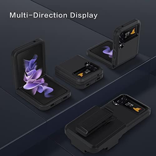 Калъф за телефон TDTOK Design Galaxy Z Flip 4 с клипс за колан-кобури, Удароустойчив Грапав калъф Военни клас с поставка за Z Flip 4 (калъф + колан) Черно