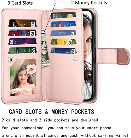 Чанта-портфейл Njjex за iPhone 14 6,1 2022, за iPhone 14 Case, [9 слотове за карти] От изкуствена кожа, държач за кредитни карти, флип-надолу награда [Подвижни], Магнитна поставка за телефон и каишка за iPhone 14 [розов