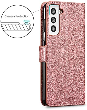Чанта-портфейл ZCDAYE за Samsung Galaxy S21 с лъскави украшения [Магнитна закопчалка], Флип-чантата е от изкуствена кожа [Обтегач с диаманти във формата на любовта], [Отделения за карти], [Стойка], Мек калъф от TPU