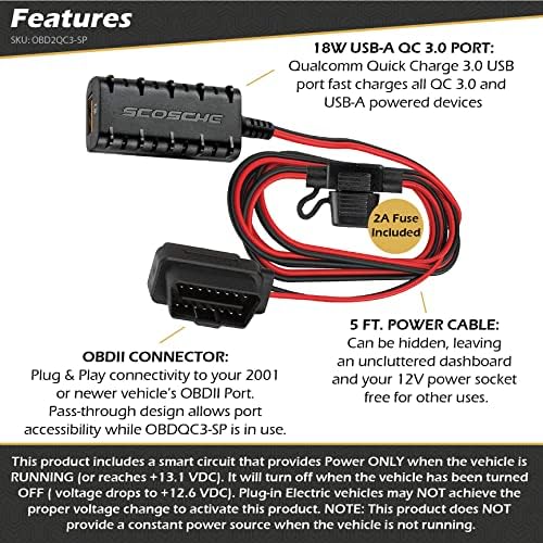 Scosche Универсален 5-крак USB-kit твърди проводници с 18-Ваттным порт USB-A QC 3.0 и OBDII конектор OBD2QC3-SP