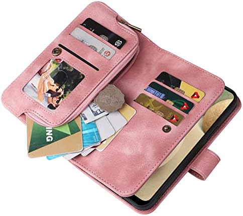 Защитен калъф-портфейл с кобур, който е Съвместим с Samsung Galaxy A12/M12, Тънък калъф-награда от изкуствена кожа за телефон, Защитен калъф-Поставка с магнитна закопчалка, Държач за карти + колан за джоба за пари (розов