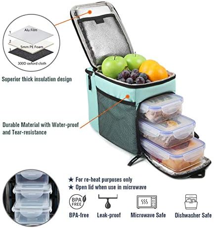Изолиран обяд-бокс RitFit с контейнери и пакети с лед - Голяма чанта Голям за приготвяне на храна по време на работа, в училище или на улицата, подходящ за възрастни и деца (Тифани Blue)