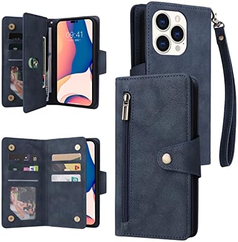 JGG Чанта-портфейл за iPhone 14 Pro с RFID-блокирующим слот за карти Премиум-клас от Мека изкуствена кожа с цип, Панти калъф-книжка с каишка на китката, Защитно поставка за iPhone 14 Pro, една чанта-портфейл (синьо-6,1
