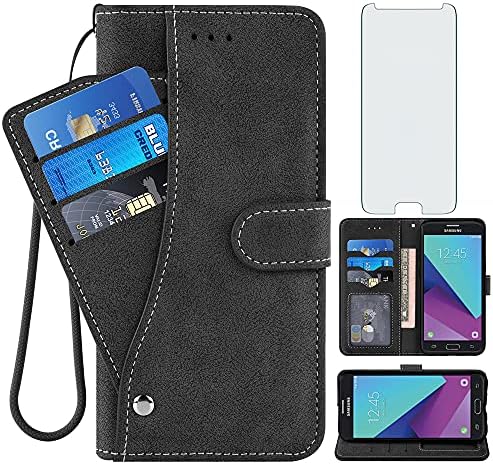 Asuwish Калъф за телефон Samsung Galaxy J7 Prime 2017 J 7 Skypro Sky Pro J7V V S727VL Halo 7J Perx J7prime Чанта-портфейл със защитата на екран от закалено Стъкло, Сгъваща се стойка за кредитни карти, Поставка за мобилен