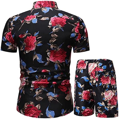 RbCulf Мъжки Хавайски Ризи с Цветен Модел и Плажни къси Панталони, Костюм от 2 теми, Блуза с Къс ръкав и Копчета, Топове, Бански, Брючные Костюми