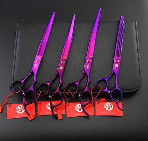 Професионални ножици за грижа за домашни любимци Purple Dragon 8,0 см, Права ножица за Подстригване на кучета, Ножица за Изтъняване /Смесване и 2 бр. Извити Ножици с чанта (лилаво)