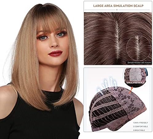 SEAUR - Wig Женски естествени перуки, изработени от човешка коса със средна дължина, по-кратък права перука Боб с бретон, синтетичен топлоустойчива за парти