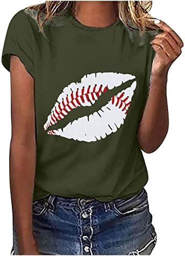 Женска Тениска с Къс Ръкав, Забавни Устни, Графична Бейзболна Туника за Мама, Блузи, Лятна Подарък Риза с Кръгло Деколте за Мама