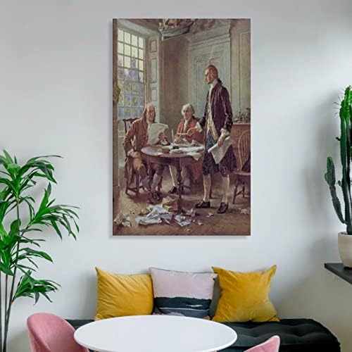 Маслени картини с образа на Бенджамин Франклин, Джон Адамс и Томас Джеферсън, които пишат Декларация за независимост, Стенни художествени картини, Платно, Декори за стени, Домашен интериор, Интериор за дневната, Естетически